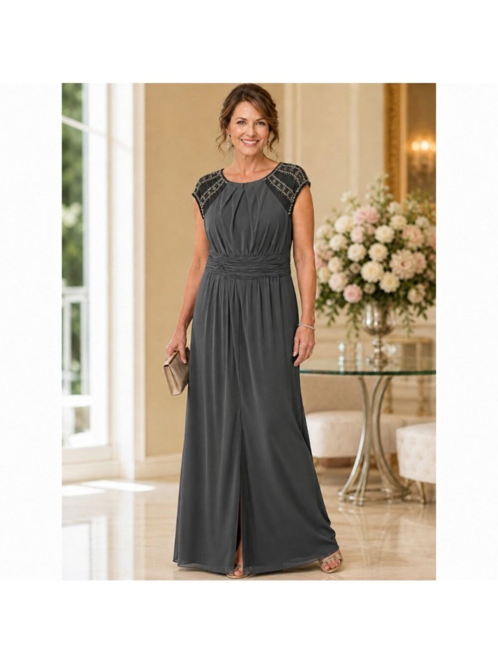 Cachet Dark Gray Formal Gown Mother of Bride or Groom Evening Dress Size M 10/12